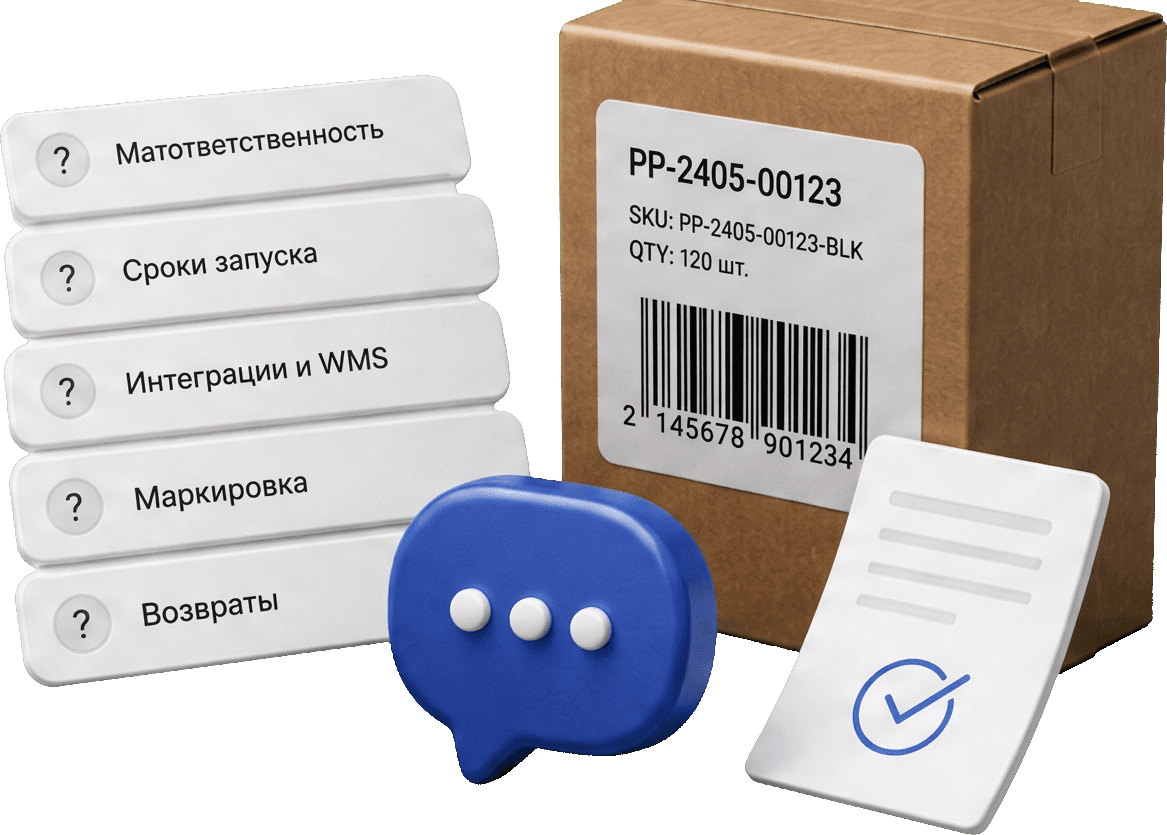 Частые темы вопросов: матответственность, сроки запуска, интеграции и WMS, маркировка, возвраты