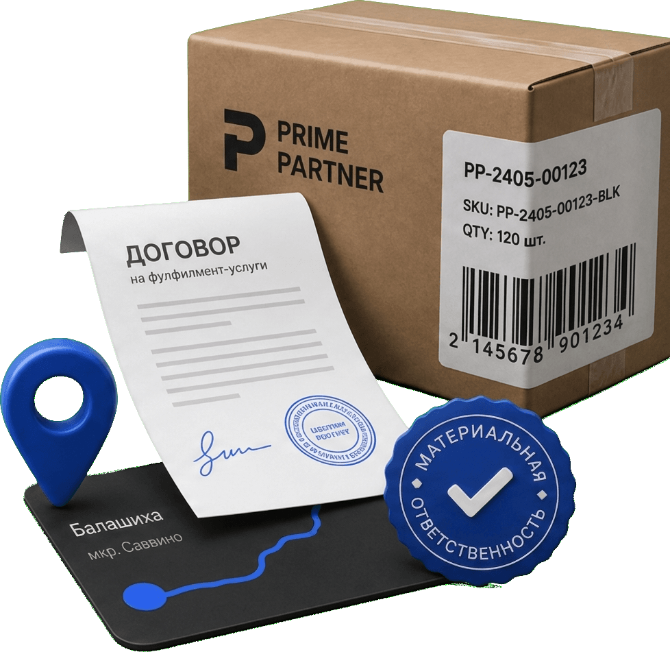 Коробка Prime Partner, договор на фулфилмент-услуги, маршрут из Балашихи и значок материальной ответственности
