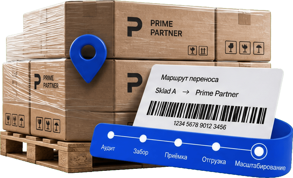 Паллета с коробками Prime Partner, геометка и маршрут переноса со склада на фулфилмент