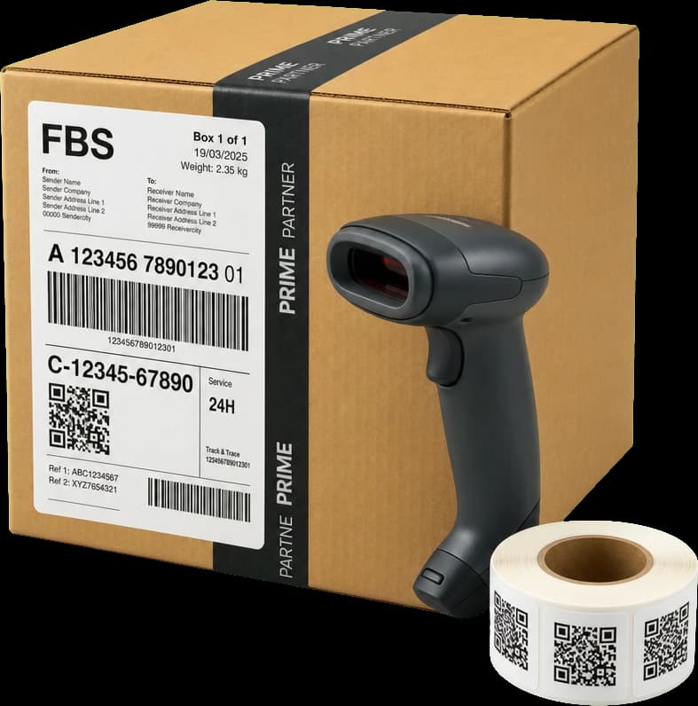 Коробка с транспортной этикеткой FBS, сканер штрихкодов и рулон QR-этикеток
