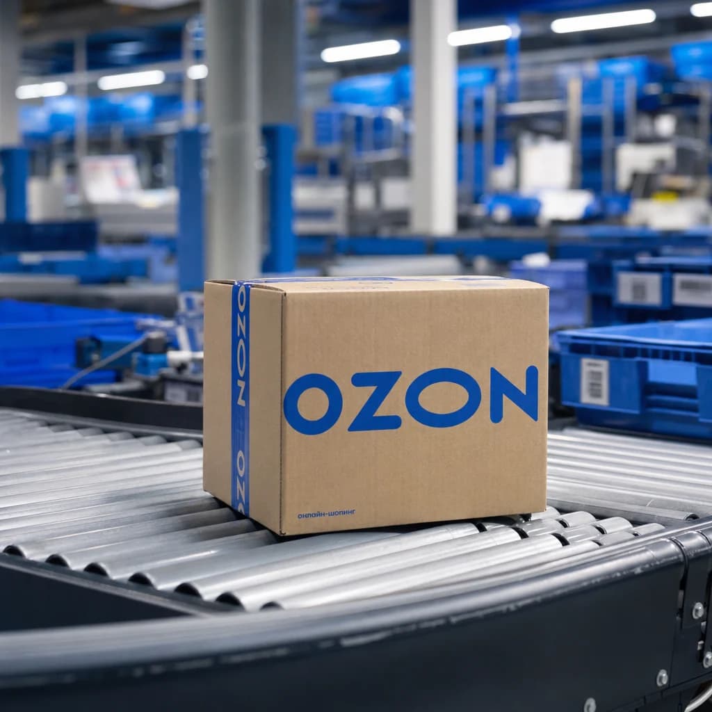 Коробка поставки с логотипом OZON на конвейере склада