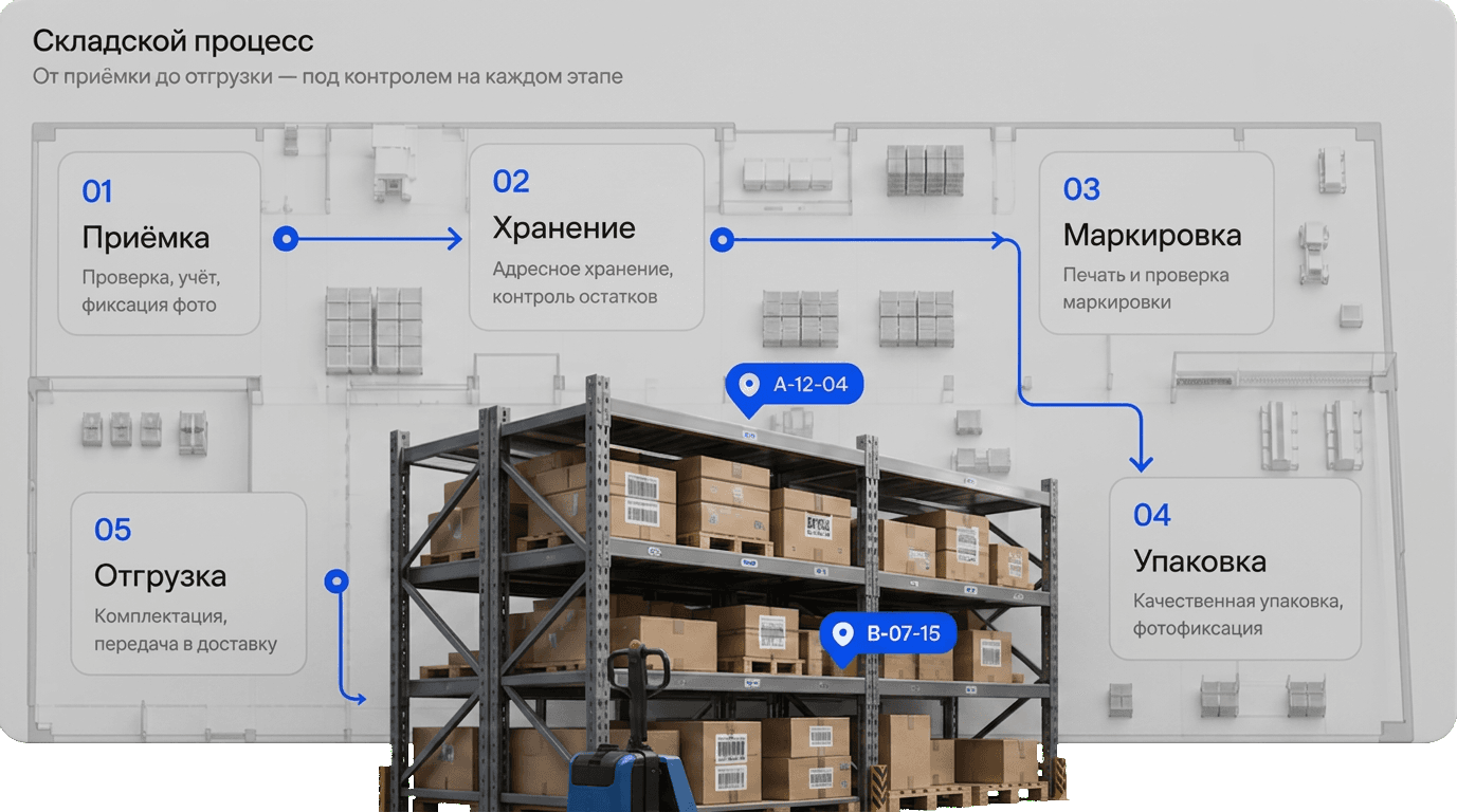 Операционная карта склада: маршрут приёмка → хранение → маркировка → упаковка → отгрузка по плану помещения, стеллаж с адресными ячейками A-12-04 и B-07-15 и погрузчиком